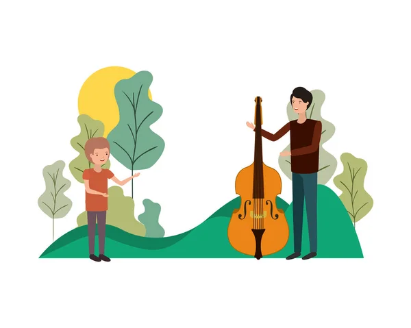 Hombre con hijo y personaje de avatar de violín — Vector de stock