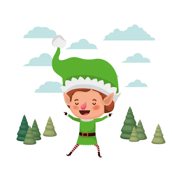 Elfo em movimento com árvores de natal avatar personagem — Vetor de Stock