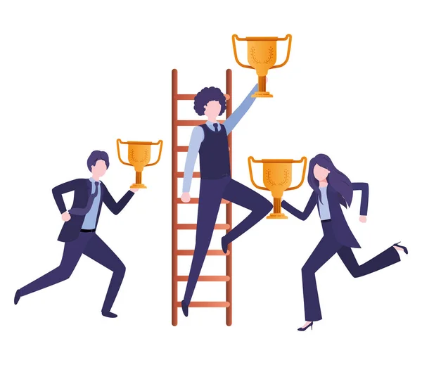 Grupo de negocios con carácter avatar escalera y trofeo — Vector de stock