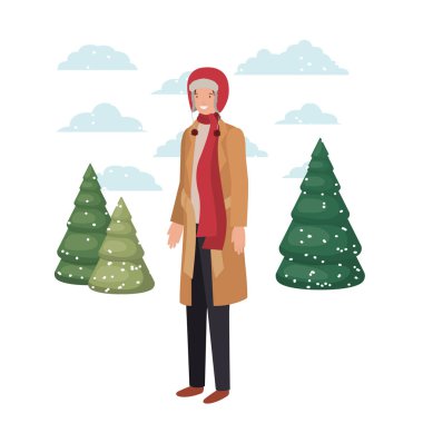 Genç adam kış giysileri ve kış çam avatar karakter