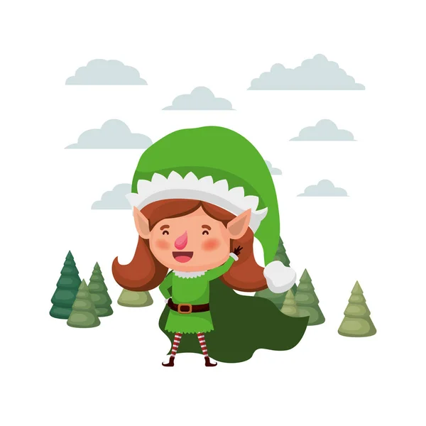 Elfo mulher se movendo com árvores de natal avatar personagem — Vetor de Stock