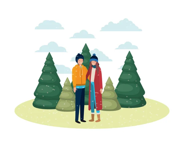 Couple avec des vêtements d'hiver et des pins d'hiver avatar caractère — Image vectorielle