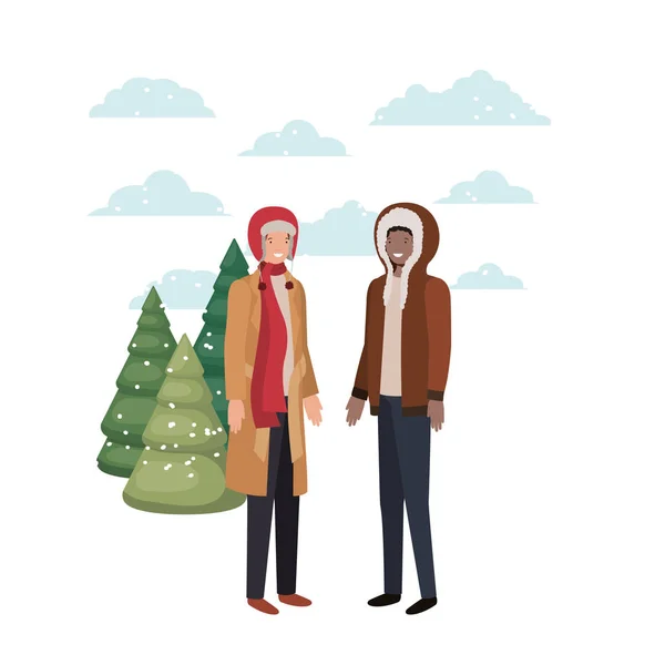 Erkekler kış giysileri ve kış çam ağaçları avatar karakter — Stok Vektör