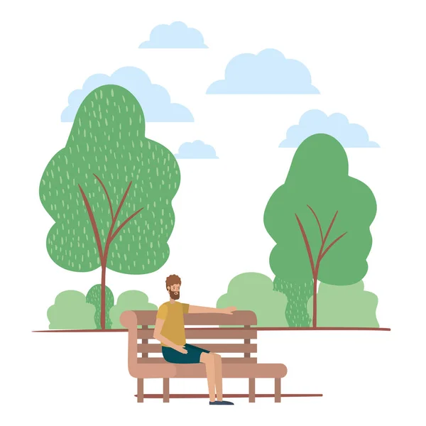 Νέος άντρας με γένια καθισμένος στην καρέκλα στο πάρκο — Διανυσματικό Αρχείο
