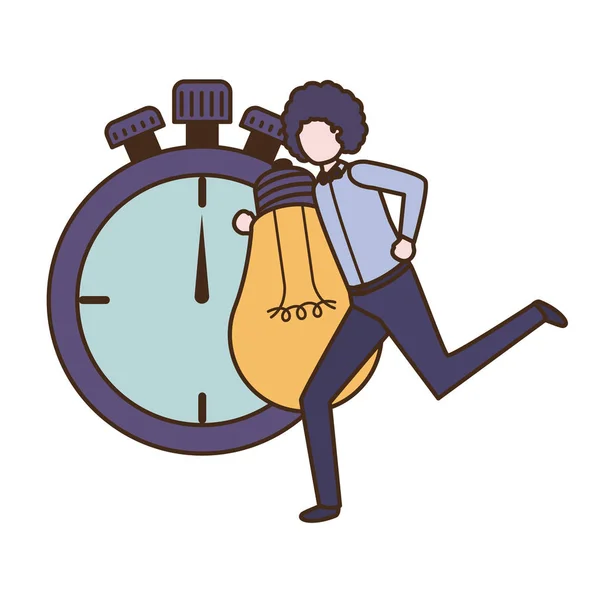 Hombre de negocios con carácter reloj y bombilla — Vector de stock