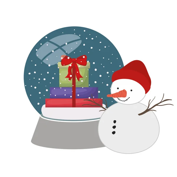 Cajas de regalo en bola de cristal y muñeco de nieve icono aislado — Vector de stock