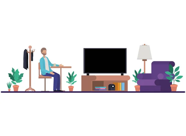 Άντρας να πίνει καφέ στο σαλόνι και να βλέπει τηλεόραση. — Διανυσματικό Αρχείο