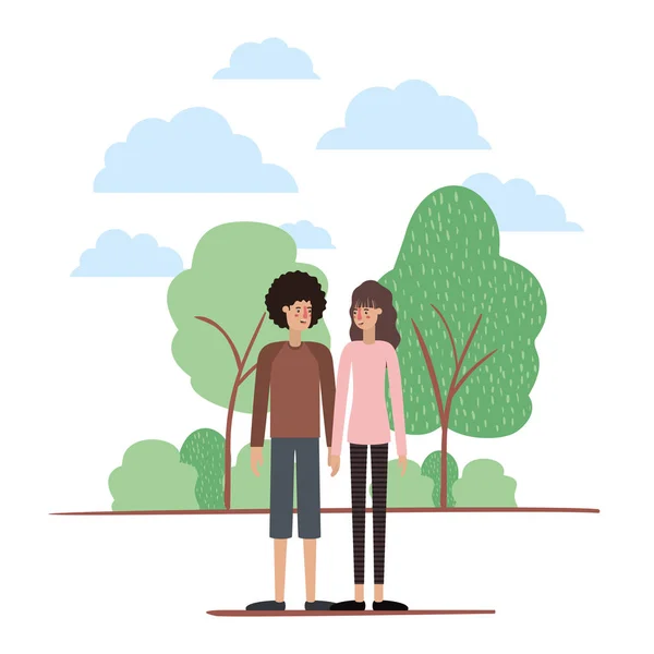 Pareja en el parque avatares personajes — Vector de stock