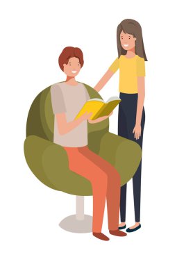 kitap avatar karakteri ile kanepede oturan çift
