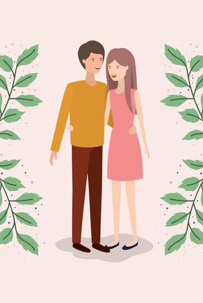 Amantes casal com folhas personagens da coroa —  Vetores de Stock