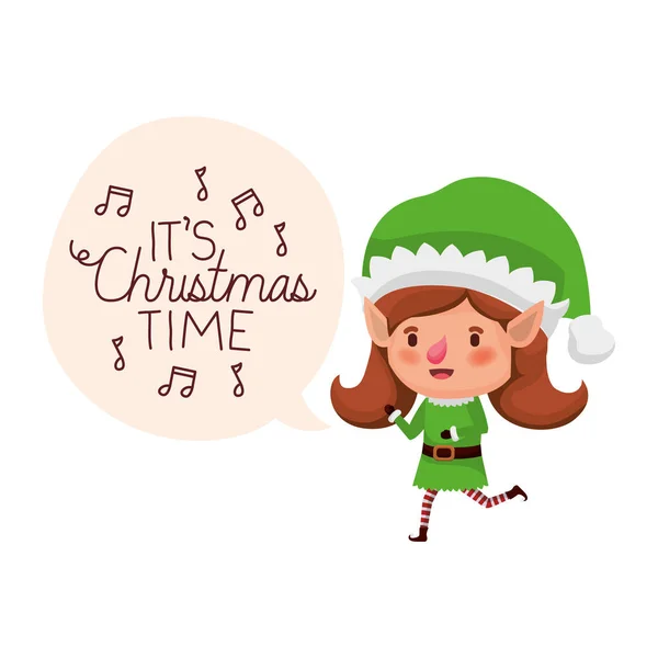 Elfo mujer con el habla burbuja acerca de la Navidad avatar carácter — Vector de stock