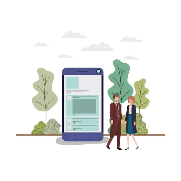 Couple d'affaires avec personnage avatar smartphone — Image vectorielle