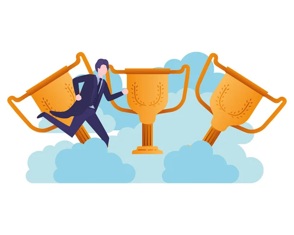 Homme d'affaires dans les nuages avec un caractère trophée — Image vectorielle