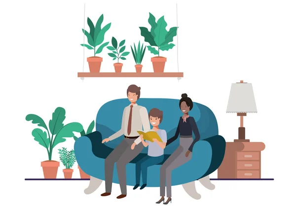 Parents couple avec fils assis dans le salon avatar personnage — Image vectorielle