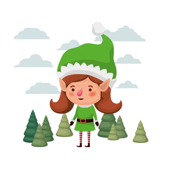 Elfe Frau bewegt sich mit Weihnachtsbäumen Avatar-Charakter — Stockvektor