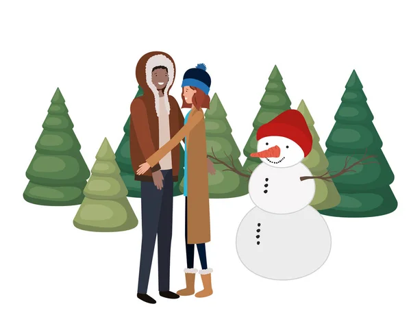 Par med snögubbe och tallar — Stock vektor