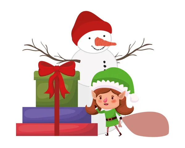 Elf woman with gifts boxs and snowman — Stock Vector