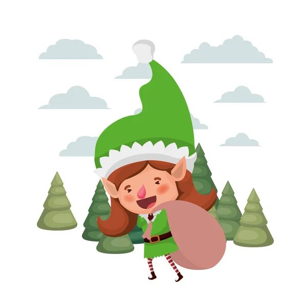 Elfo mulher com saco do presente com árvore de natal avatar personagem — Vetor de Stock