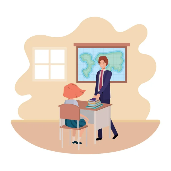 Lärare i klass rummet med elev avatar karaktär — Stock vektor