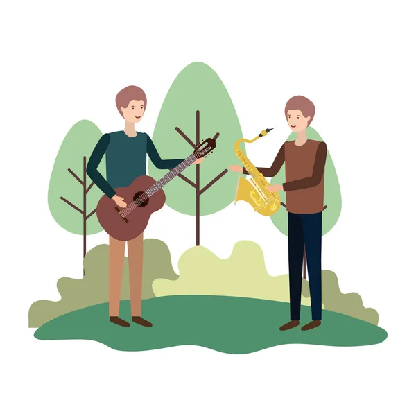 Hombres con instrumentos musicales en el paisaje — Vector de stock