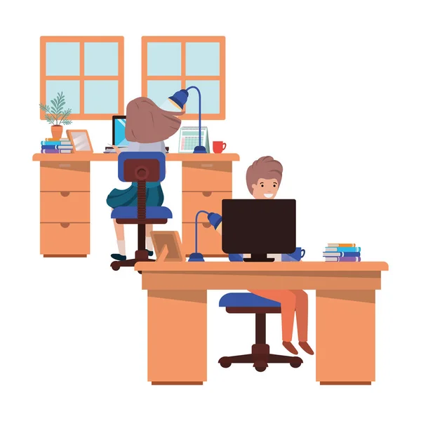 Couple travaillant dans le bureau avatar personnage — Image vectorielle