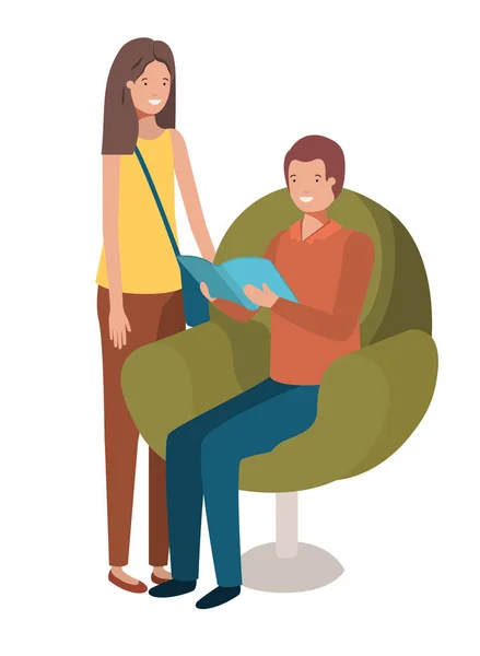 Paar sitzt auf Sofa mit Buch-Avatarfigur — Stockvektor