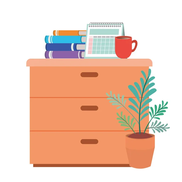 Wooden drawer with books isolated icon — Stock Vector