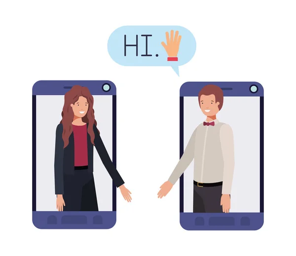 Couple d'affaires dans le smartphone avec bulle vocale — Image vectorielle
