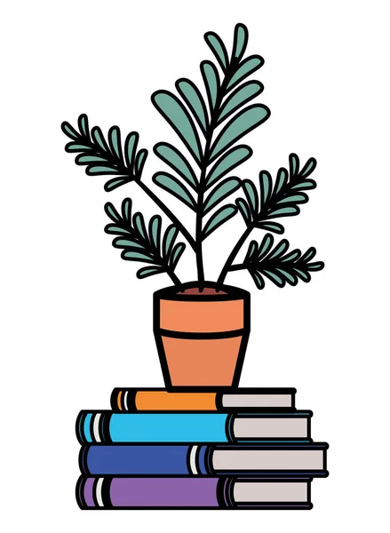 Libri casa con vaso di piante icona isolata — Vettoriale Stock