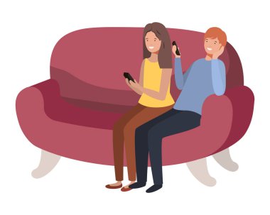 kanepe avatar karakteri akıllı telefon kullanarak çift