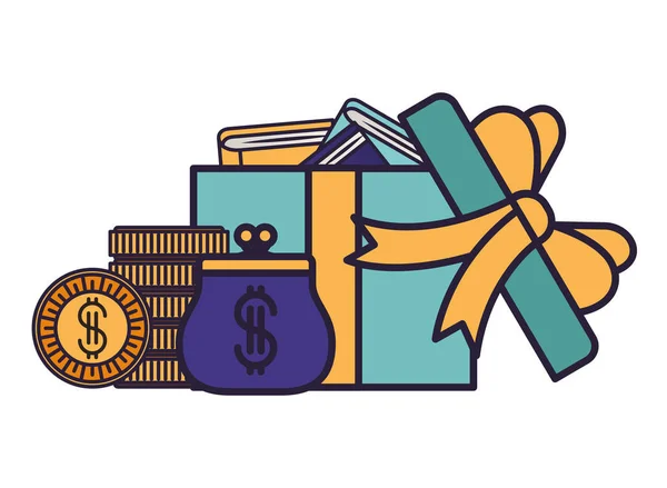 Cadeau ouvert avec livres et sac à monnaie — Image vectorielle