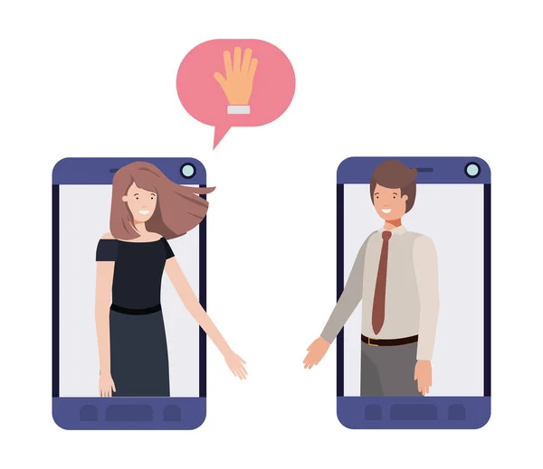 Couple d'affaires dans le smartphone avec bulle vocale — Image vectorielle