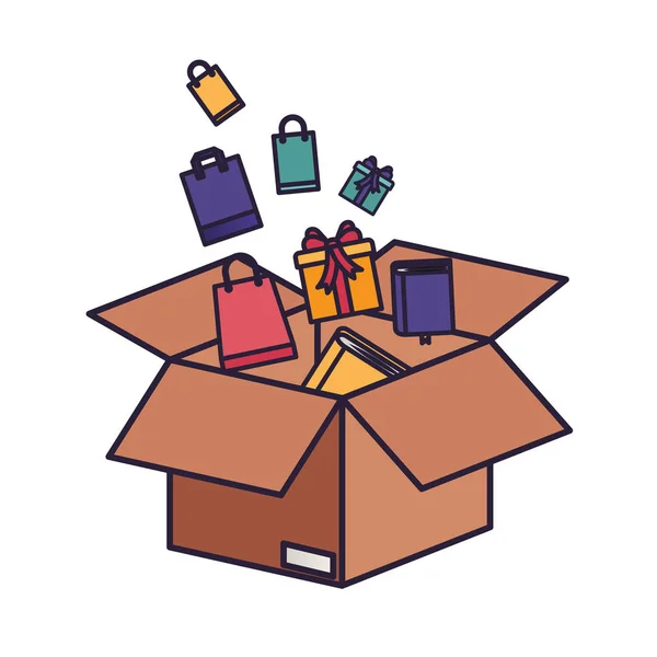 Cardboard box with gifts falling — Stock Vector