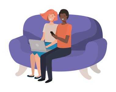 Kanepe avatar karakterinde dizüstü bilgisayar kullanan genç çift