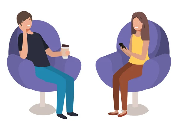 Junges Paar nutzt Smartphone auf dem Sofa — Stockvektor