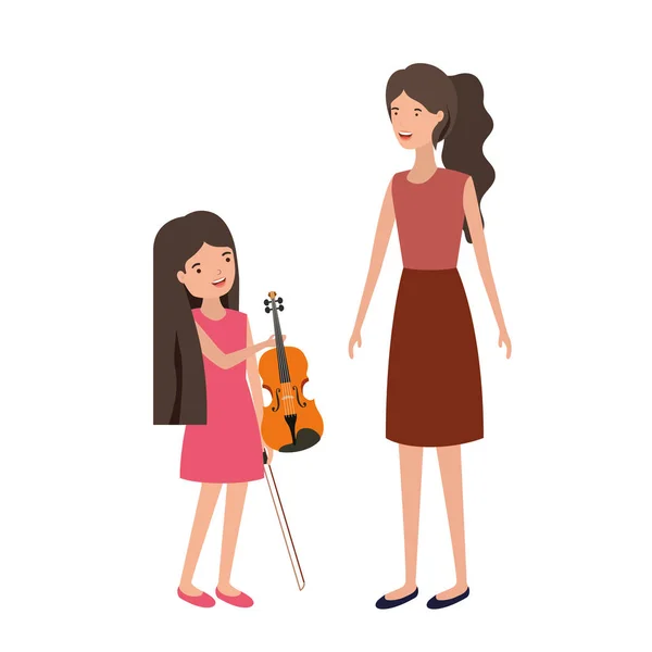 Woman with daughter and violin avatar character — Stock Vector