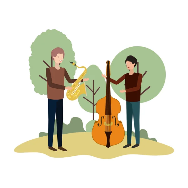 Homens com instrumentos musicais na paisagem —  Vetores de Stock