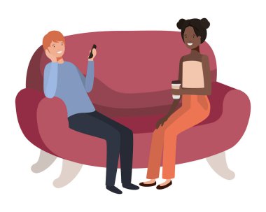 kanepe avatar karakteri akıllı telefon kullanarak çift