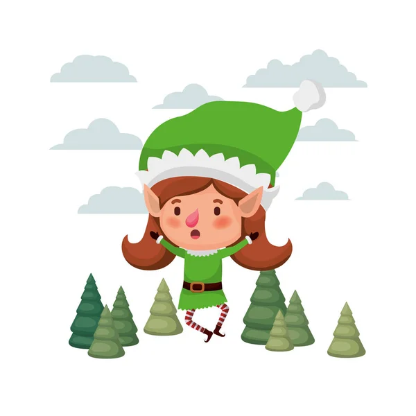 Elfe femme se déplaçant avec des arbres de Noël avatar caractère — Image vectorielle