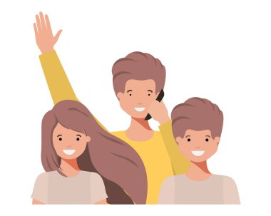 aile gülümseyen ve avatar karakter sallayarak