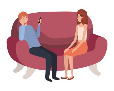 kanepe avatar karakteri akıllı telefon kullanarak çift