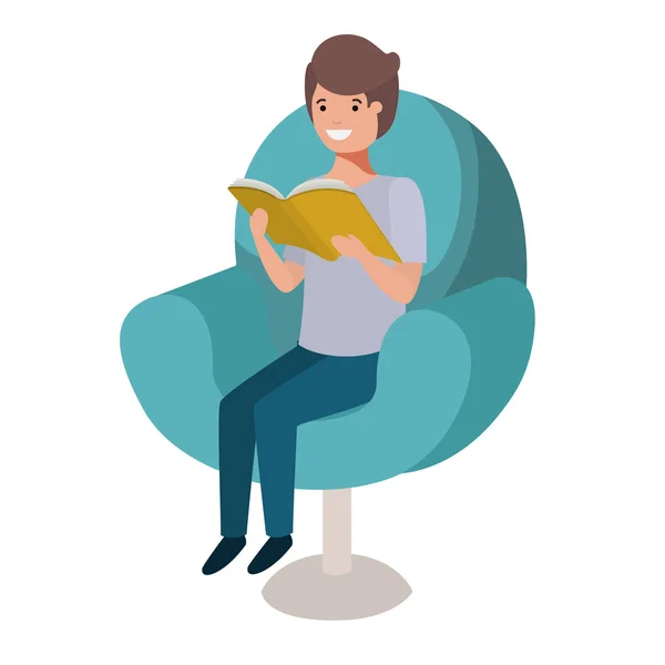 Homme lecture livre dans le canapé avatar personnage — Image vectorielle