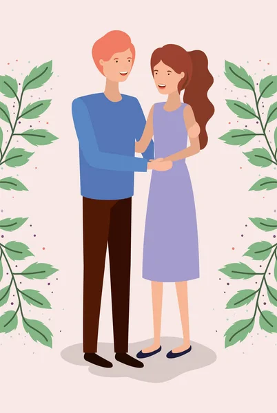 Amantes casal com folhas personagens da coroa —  Vetores de Stock