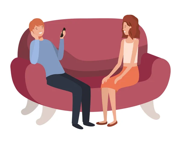 Koppel met smartphone in de sofa avatar karakter — Stockvector