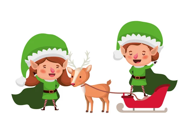 Elves couple with sleigh and reindeer sleigh avatar chatacter — Stock Vector