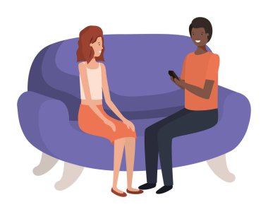 kanepe avatar karakteri akıllı telefon kullanarak çift