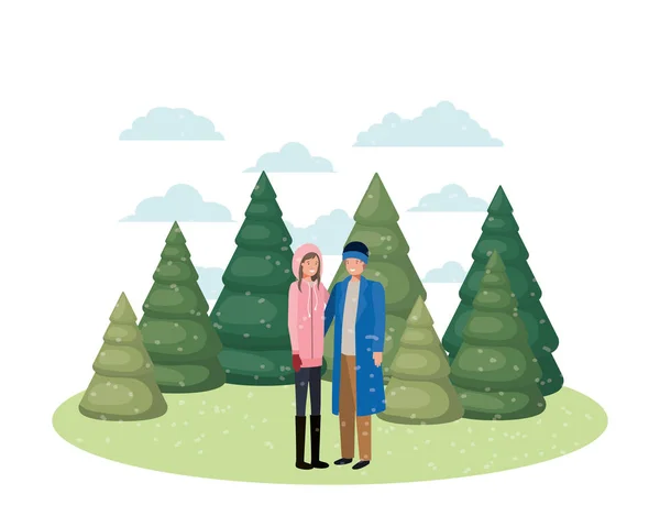 Paar met winter kleding en winter Pines avatar karakter — Stockvector