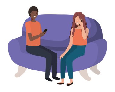 kanepe avatar karakteri akıllı telefon kullanarak çift