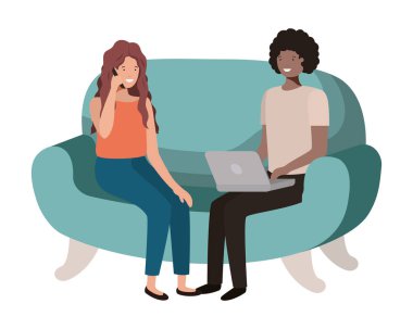 Kanepe avatar karakterinde dizüstü bilgisayar kullanan genç çift