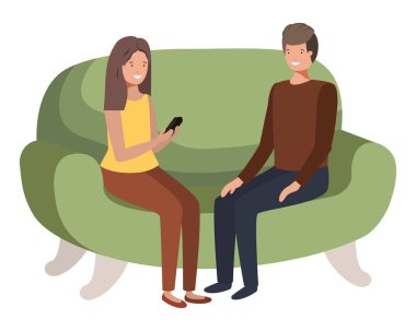 kanepe avatar karakteri akıllı telefon kullanarak çift
